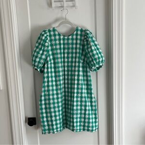 Green and White Gingham Puff Sleeve Dress